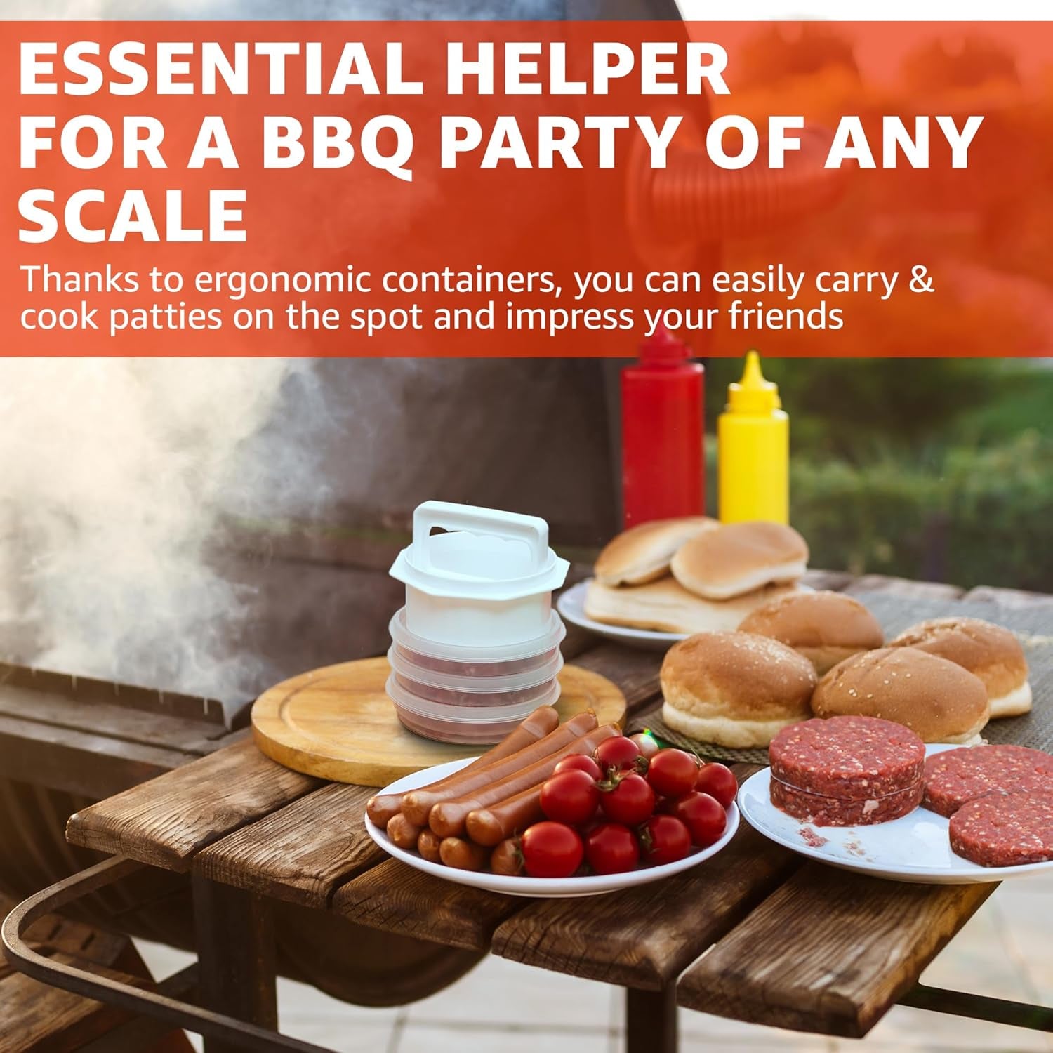 Hamburger Press Patty Maker - 4 In1, Burger Mold, Patty Press, 5 Storage Containers, 100 round Papers - Hamburger Patty Maker Tool for BBQ - Burger Shaper for Meat, Veggie Patties