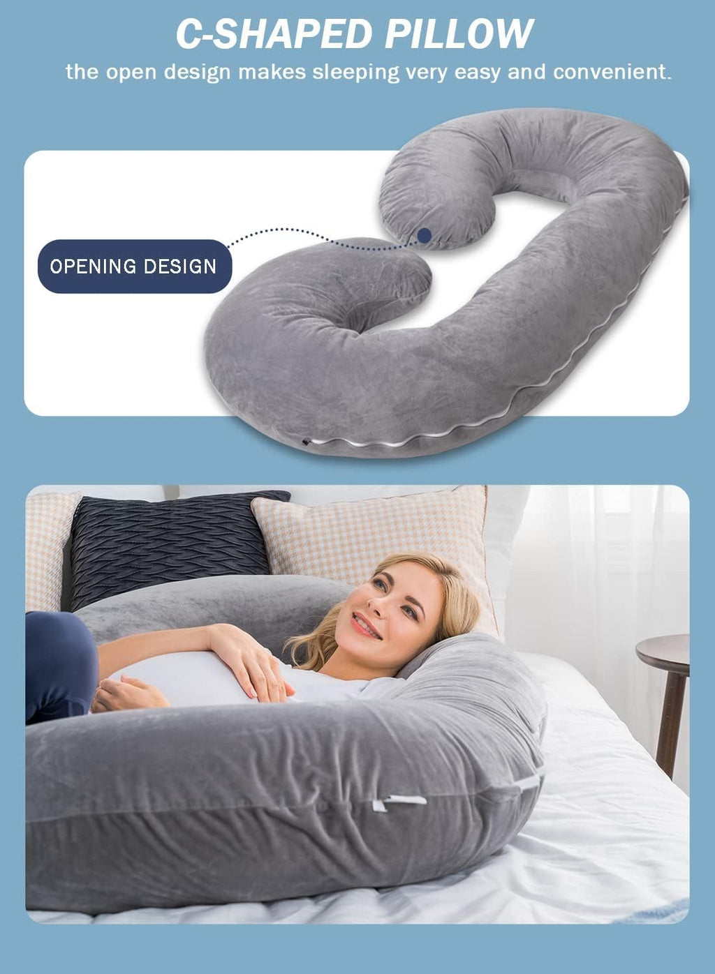 Pregnancy Pillow for Sleeping, Maternity Pillow with Jersey Cotton Cover,C Shaped Body Pillow for Pregnant (Gray)