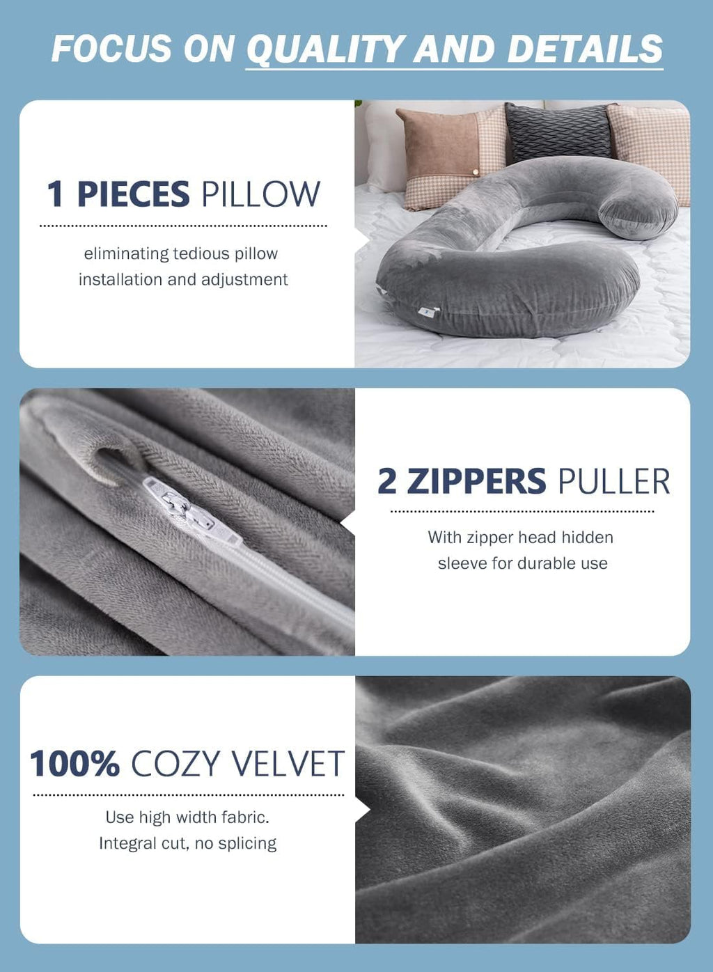Pregnancy Pillow for Sleeping, Maternity Pillow with Jersey Cotton Cover,C Shaped Body Pillow for Pregnant (Gray)