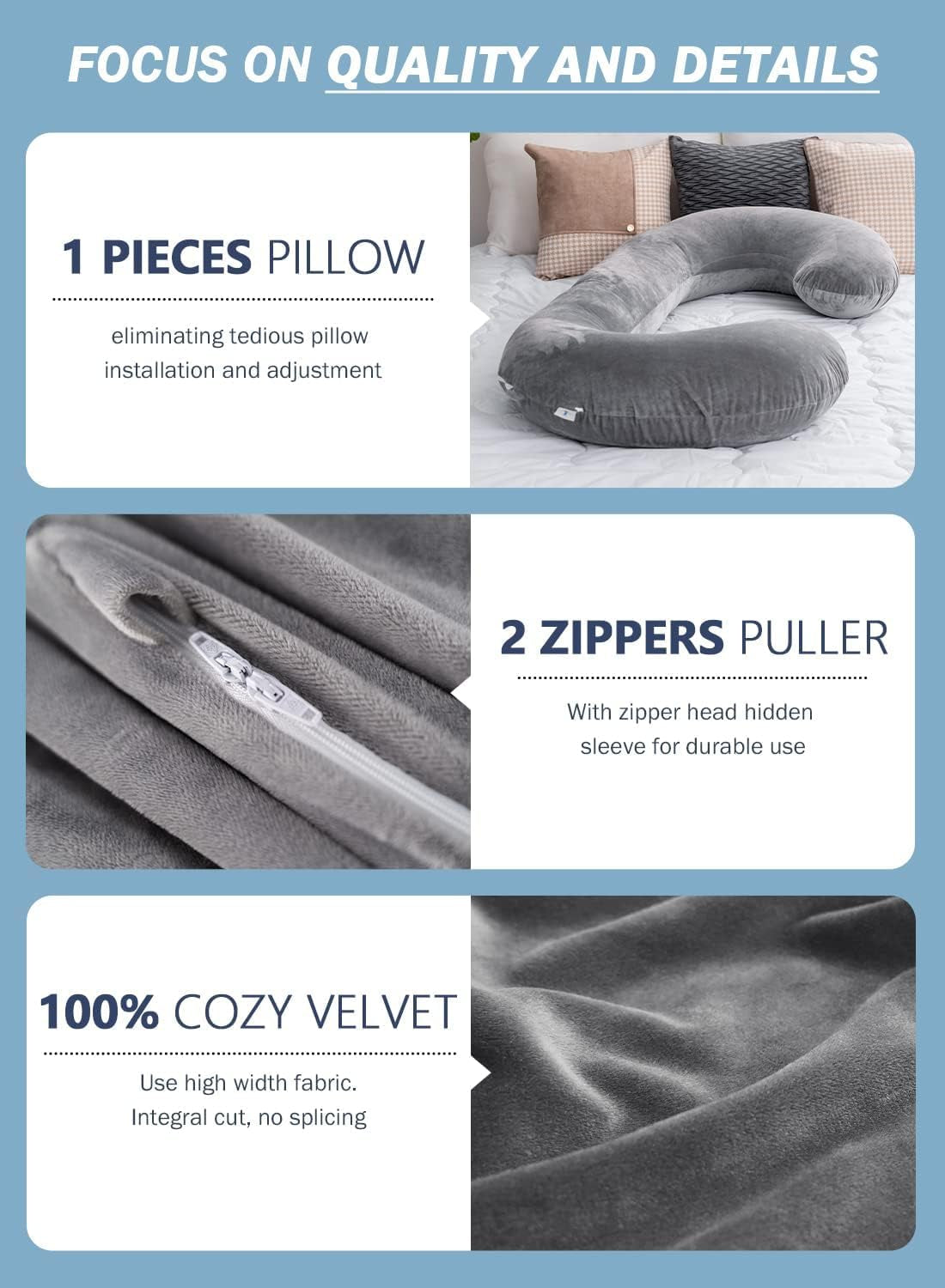 Pregnancy Pillow for Sleeping, Maternity Pillow with Jersey Cotton Cover,C Shaped Body Pillow for Pregnant (Gray)