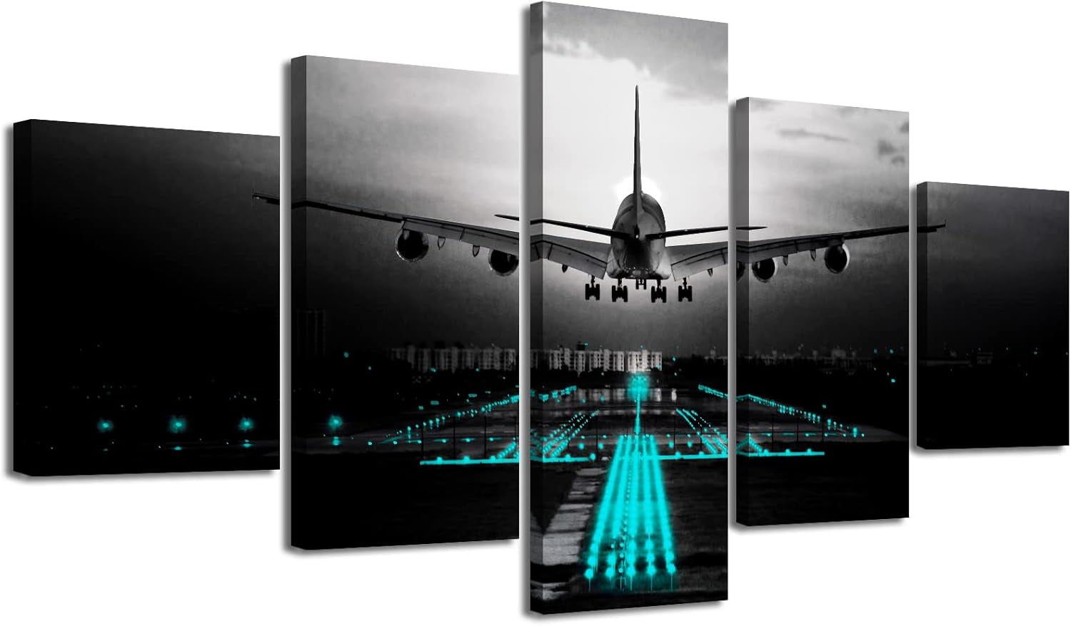 Vintage Airplane Canvas Wall Art, Black Teal Aviation Painting 60"X32"