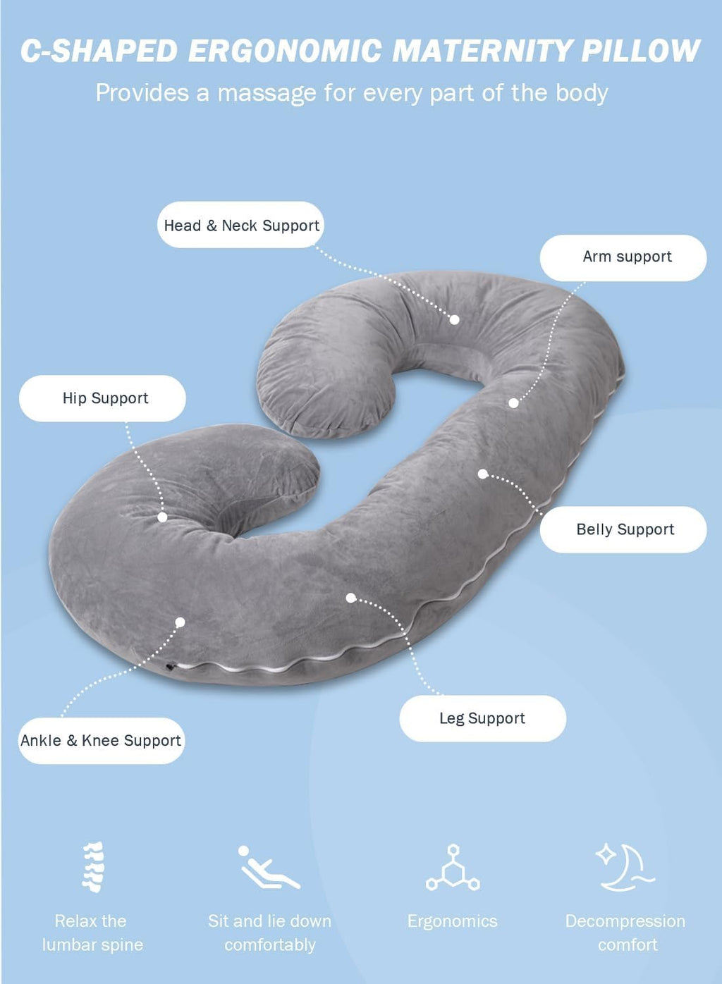 Pregnancy Pillow for Sleeping, Maternity Pillow with Jersey Cotton Cover,C Shaped Body Pillow for Pregnant (Gray)
