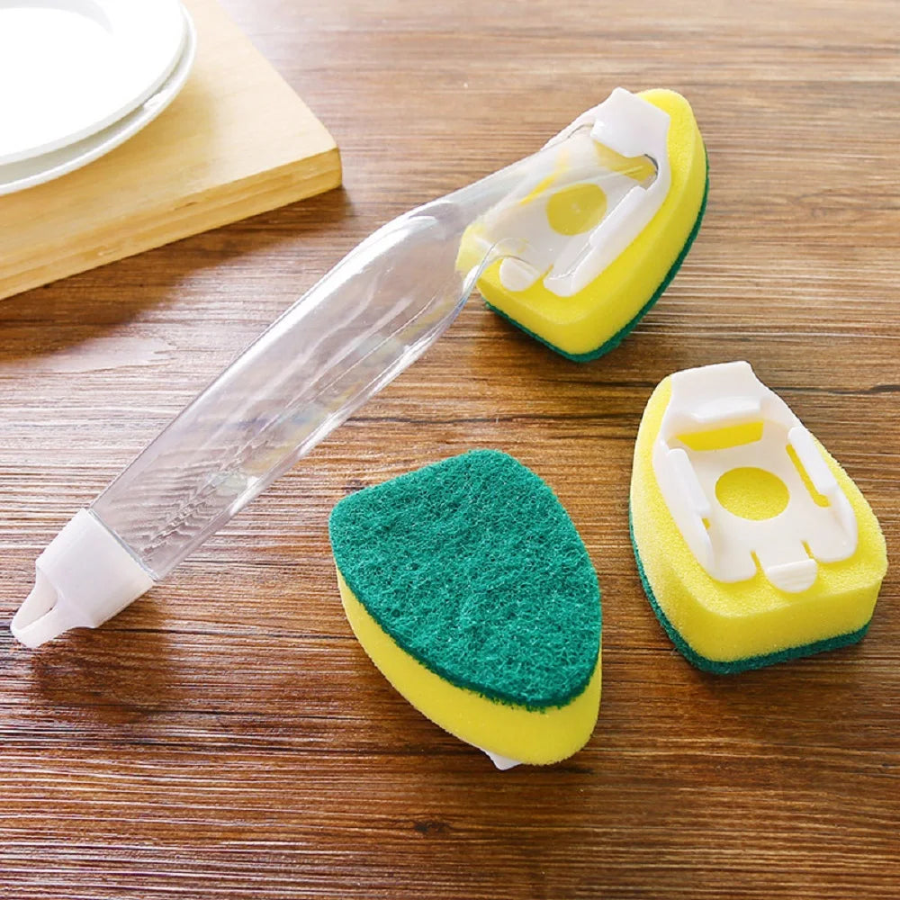 Soap Dispensing Dish Cleaning Brush Set with 1 Dish Washing Handle 9 Sponge Replacement Head Kitchen Sink Scrubber Cleaning Tool