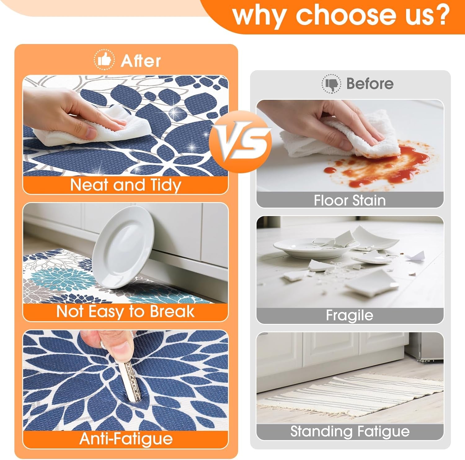 Cushioned Kitchen Floor Mats 2-Piece, White and Blue Floral