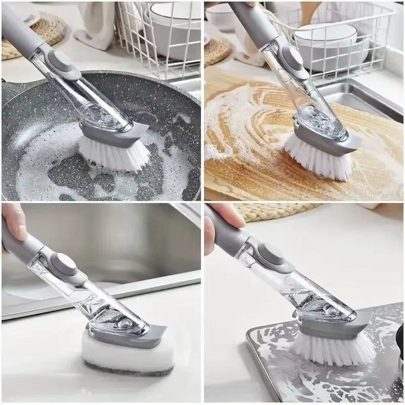 2 in 1 Refillable Kitchen Brush Long Handle Detachable Soap Dispenser Scrubber for Pots Dishes Sink Non Scratch Eco Friendly