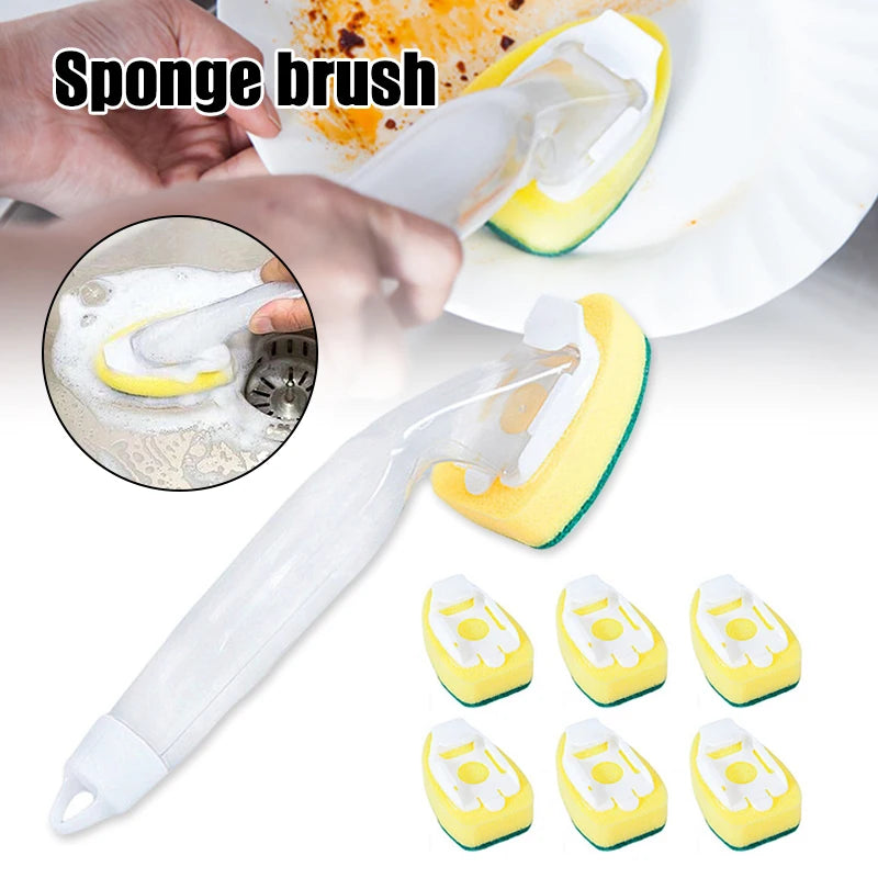 Soap Dispensing Dish Cleaning Brush Set with 1 Dish Washing Handle 9 Sponge Replacement Head Kitchen Sink Scrubber Cleaning Tool