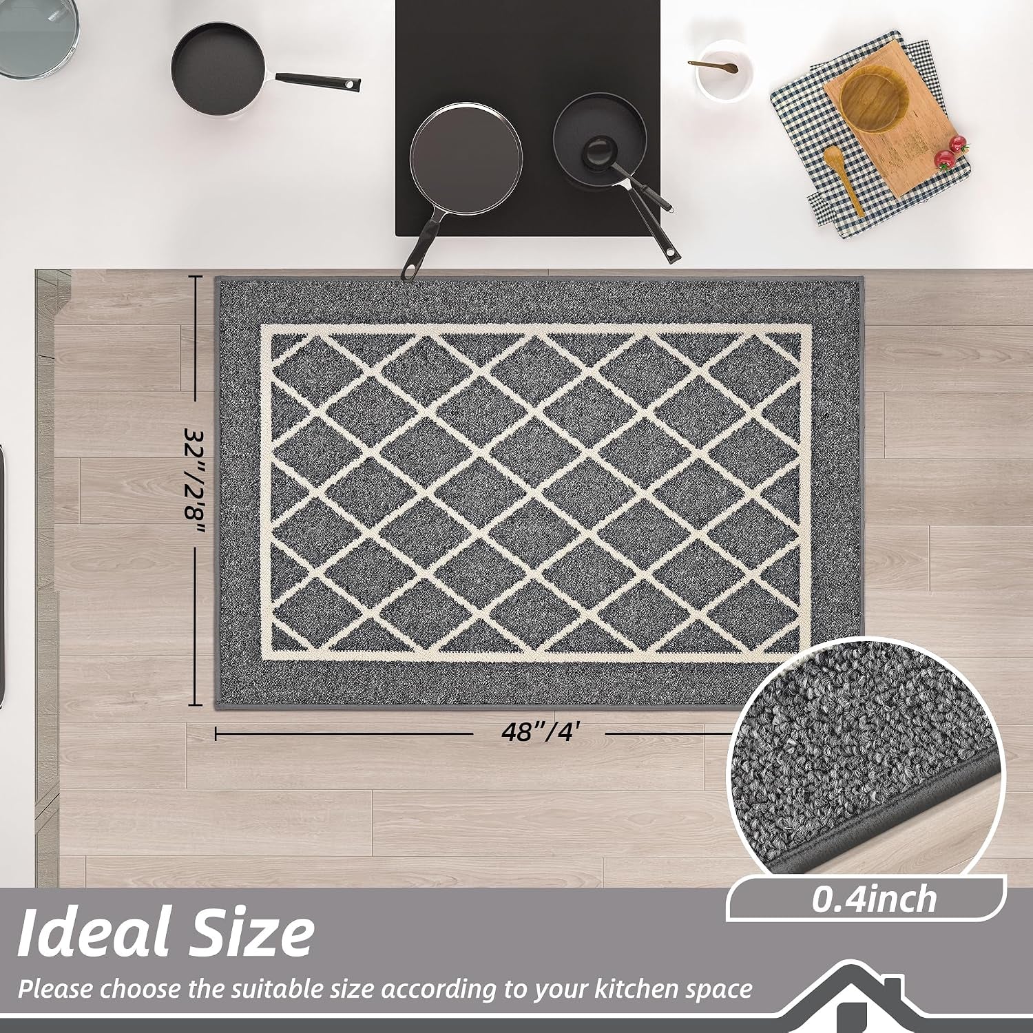 Kitchen Rugs Non Slip Washable Kitchen Mat, Grey, 32X48In
