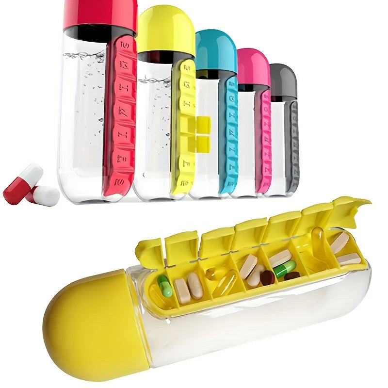 2 in 1 Pill Box with Sports Water Bottle 600M/20.3Oz Water Bottle with 7-Day Pill Storage Organizer Portable Travel Pill Case
