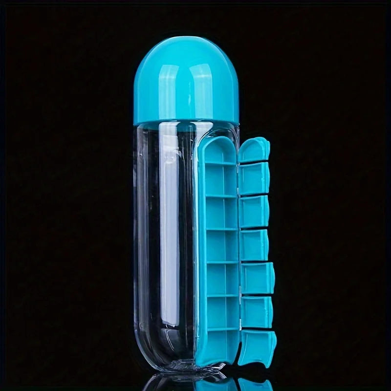 2 in 1 Pill Box with Sports Water Bottle 600M/20.3Oz Water Bottle with 7-Day Pill Storage Organizer Portable Travel Pill Case