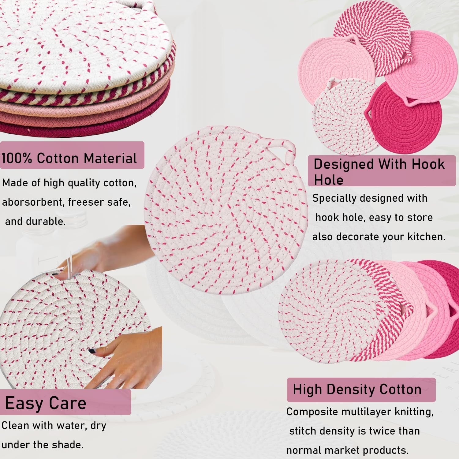 7.3" Pink Trivets for Hot Dishes,Pot Holders for Kitchen,Hot Pads for Kitchen,Kitchen Island Decor,Stylish Kitchen Decor,Kitchen Essentials & Accessories,Heat Resistant Mat
