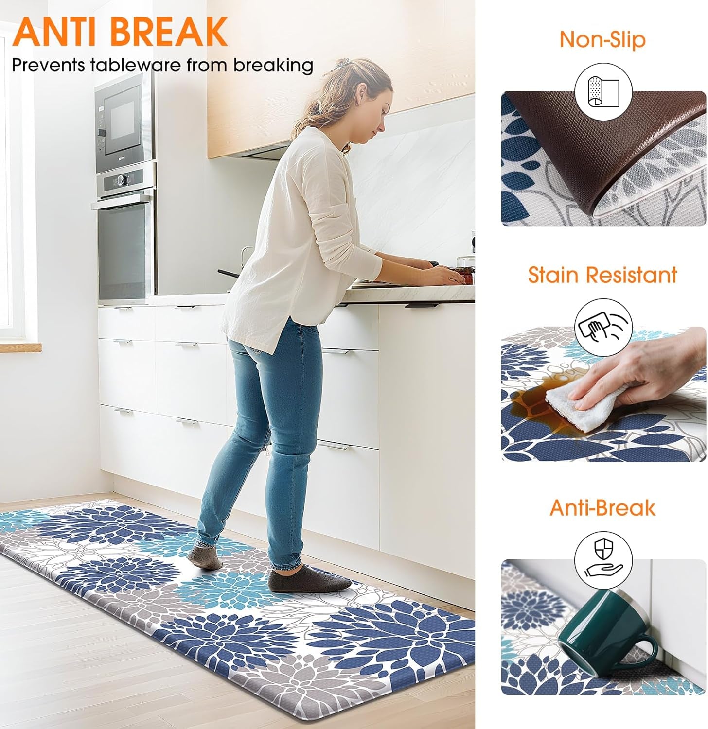 Cushioned Kitchen Floor Mats 2-Piece, White and Blue Floral