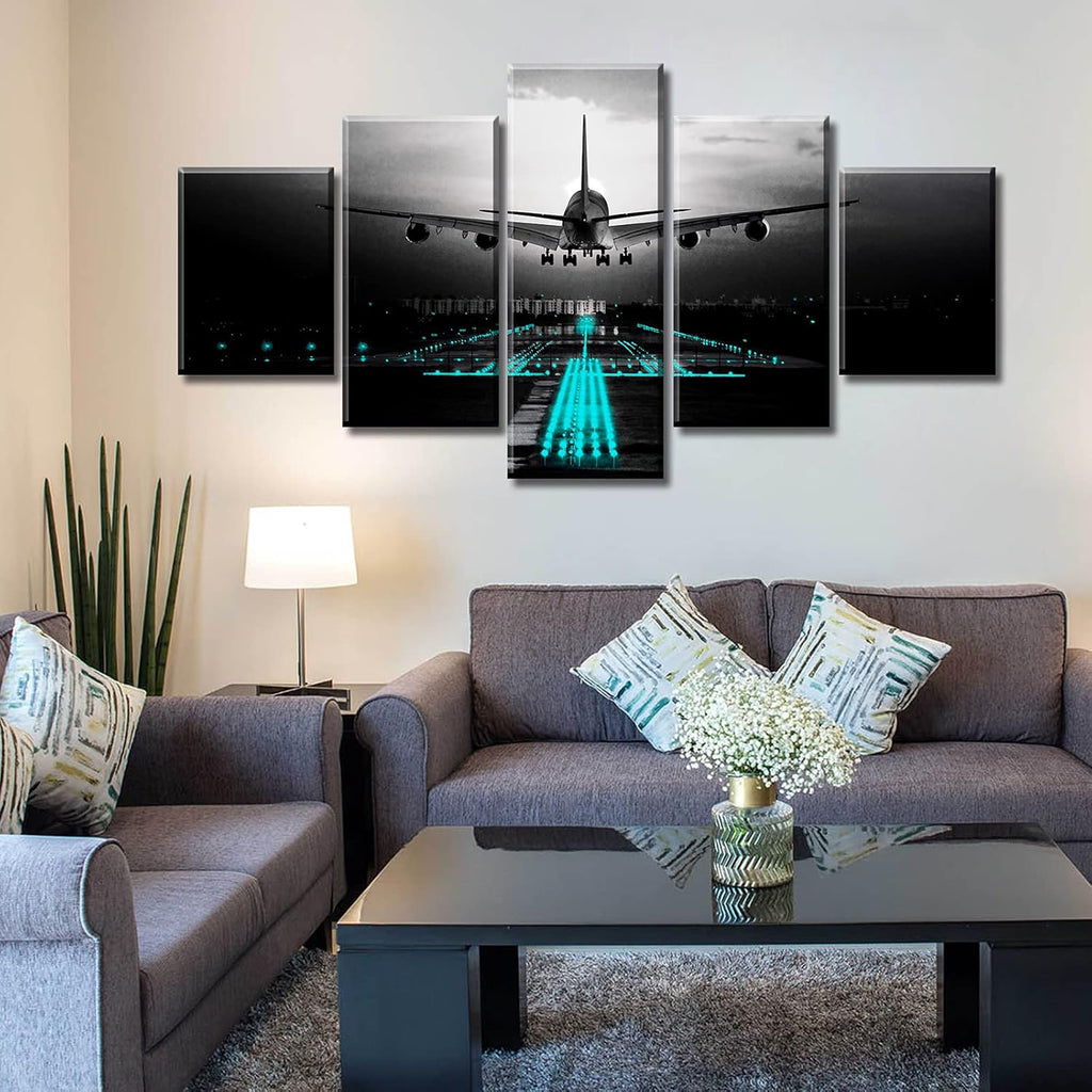Vintage Airplane Canvas Wall Art, Black Teal Aviation Painting 60"X32"