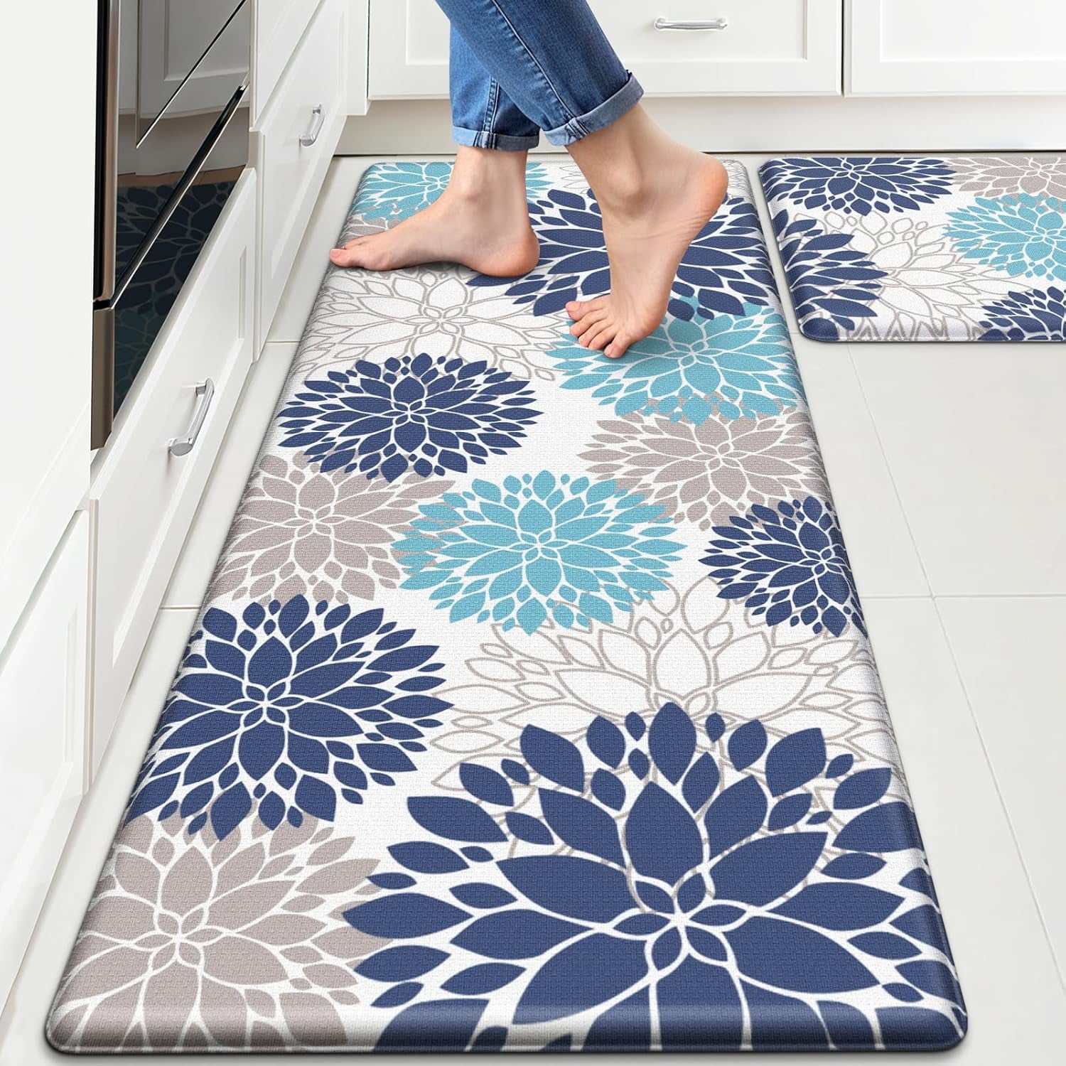 Cushioned Kitchen Floor Mats 2-Piece, White and Blue Floral