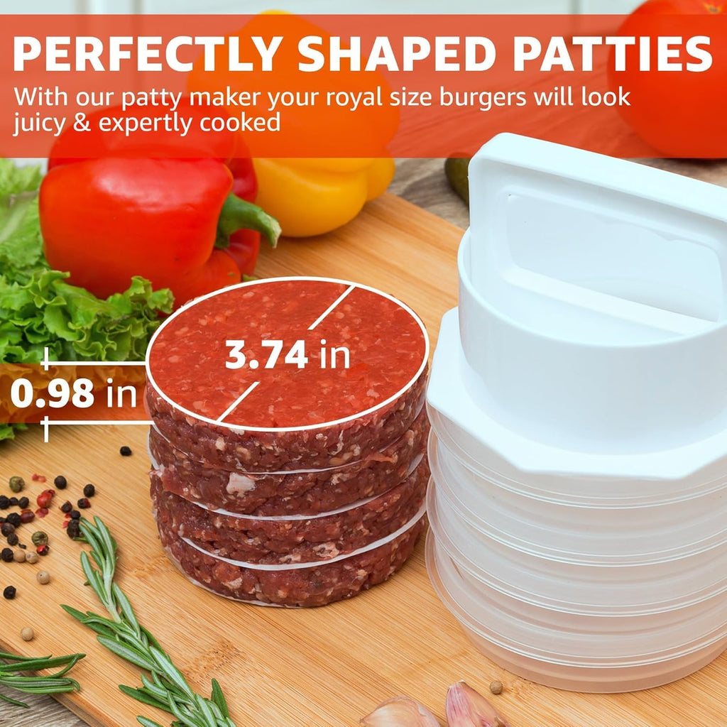 Hamburger Press Patty Maker - 4 In1, Burger Mold, Patty Press, 5 Storage Containers, 100 round Papers - Hamburger Patty Maker Tool for BBQ - Burger Shaper for Meat, Veggie Patties