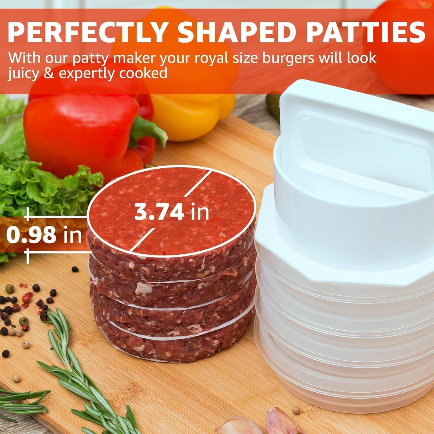 Hamburger Press Patty Maker - 4 In1, Burger Mold, Patty Press, 5 Storage Containers, 100 round Papers - Hamburger Patty Maker Tool for BBQ - Burger Shaper for Meat, Veggie Patties