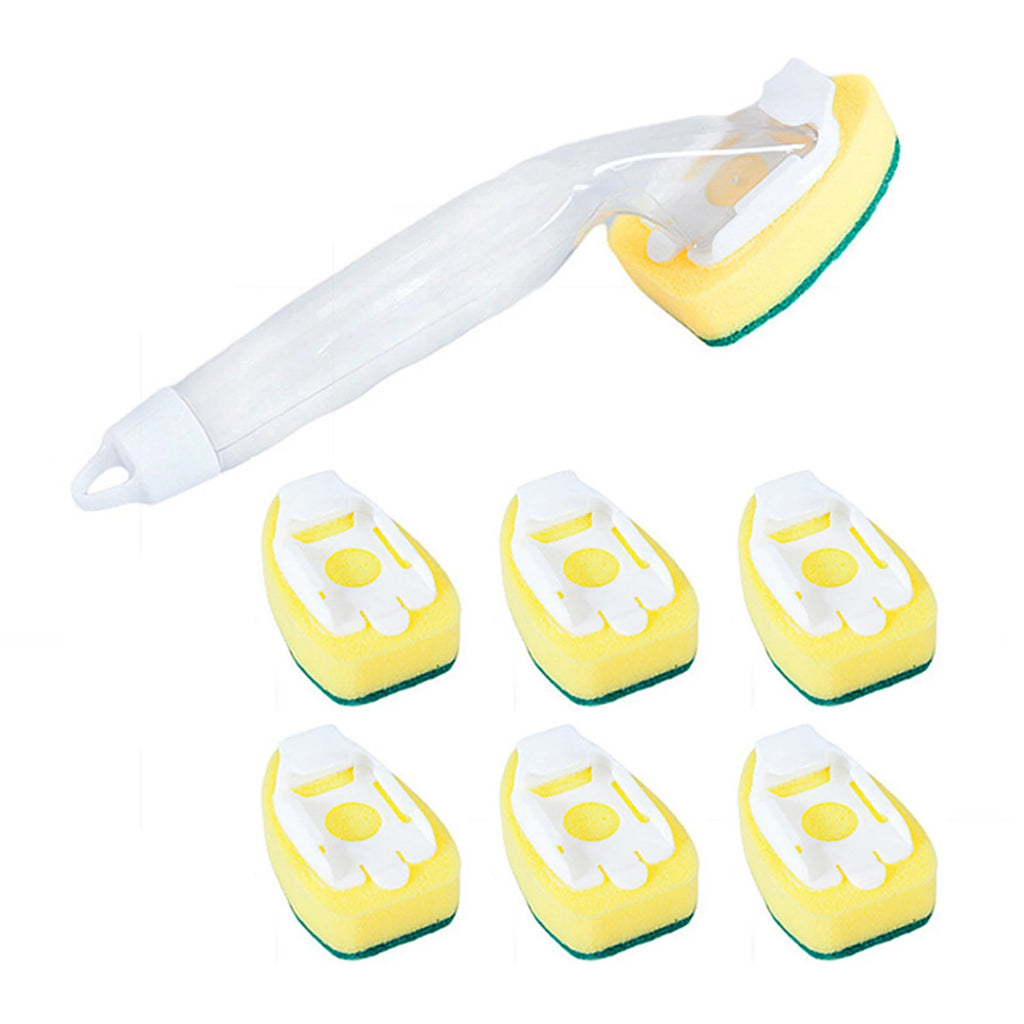 Soap Dispensing Dish Cleaning Brush Set with 1 Dish Washing Handle 9 Sponge Replacement Head Kitchen Sink Scrubber Cleaning Tool