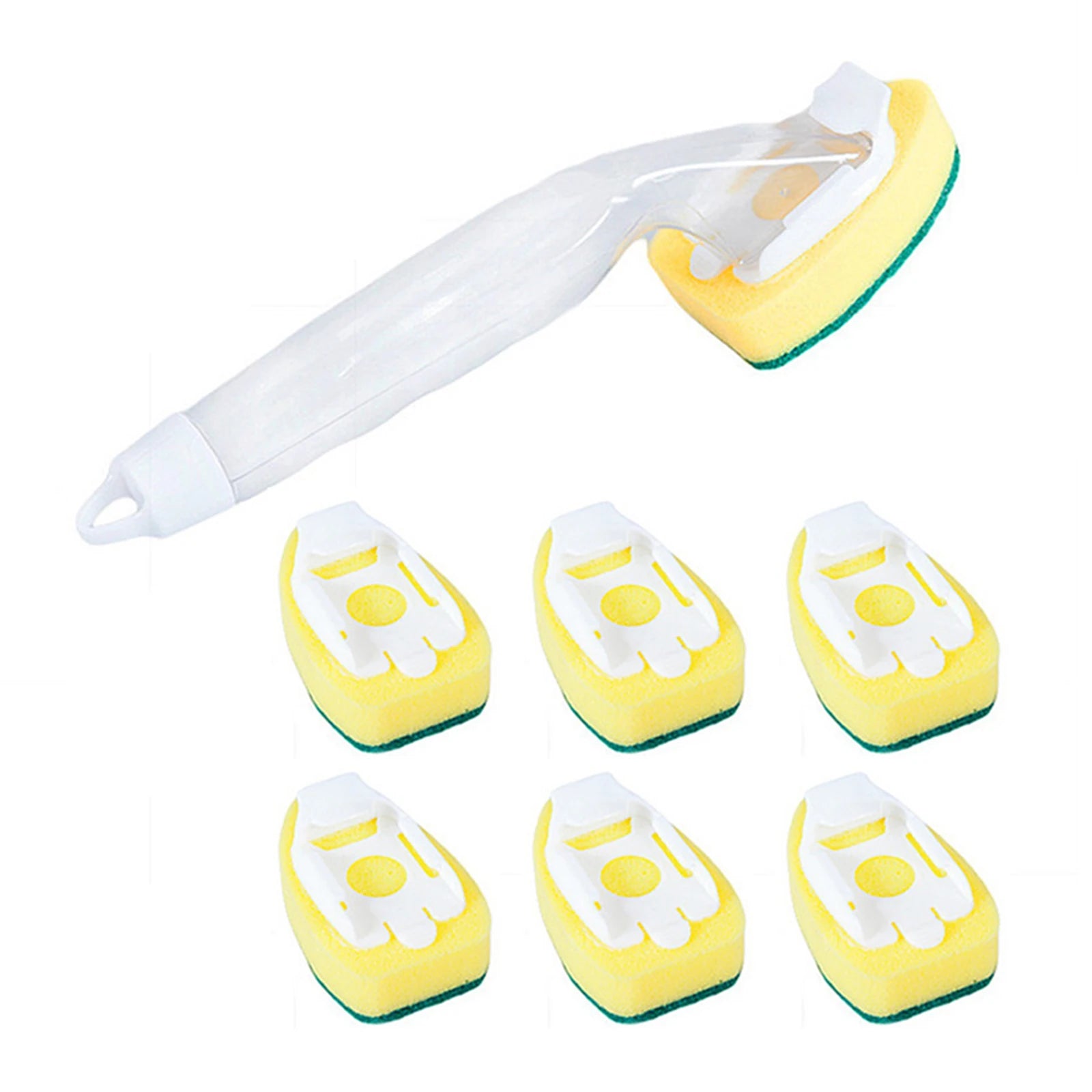 Soap Dispensing Dish Cleaning Brush Set with 1 Dish Washing Handle 9 Sponge Replacement Head Kitchen Sink Scrubber Cleaning Tool
