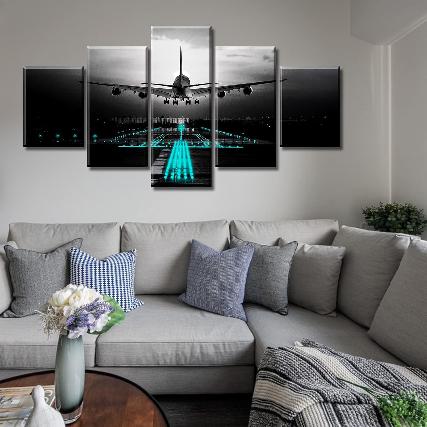 Vintage Airplane Canvas Wall Art, Black Teal Aviation Painting 60"X32"