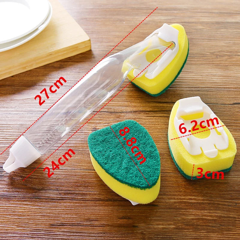 Soap Dispensing Dish Cleaning Brush Set with 1 Dish Washing Handle 9 Sponge Replacement Head Kitchen Sink Scrubber Cleaning Tool