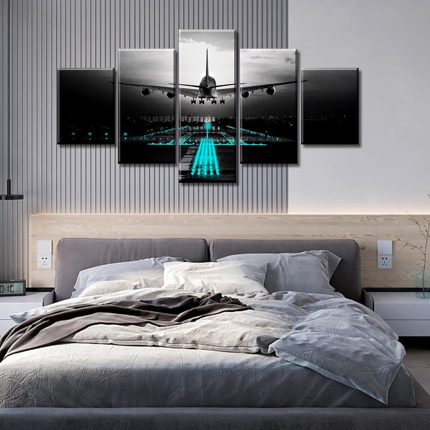Vintage Airplane Canvas Wall Art, Black Teal Aviation Painting 60"X32"
