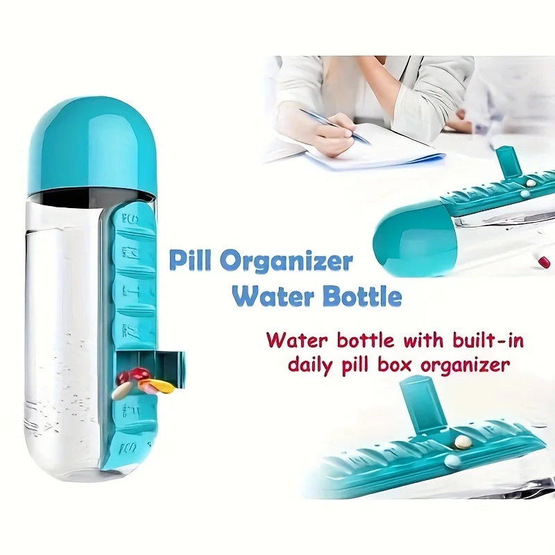 2 in 1 Pill Box with Sports Water Bottle 600M/20.3Oz Water Bottle with 7-Day Pill Storage Organizer Portable Travel Pill Case