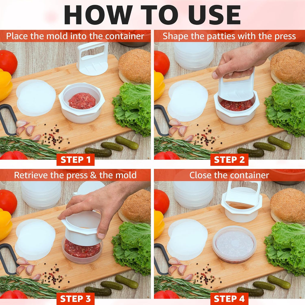 Hamburger Press Patty Maker - 4 In1, Burger Mold, Patty Press, 5 Storage Containers, 100 round Papers - Hamburger Patty Maker Tool for BBQ - Burger Shaper for Meat, Veggie Patties