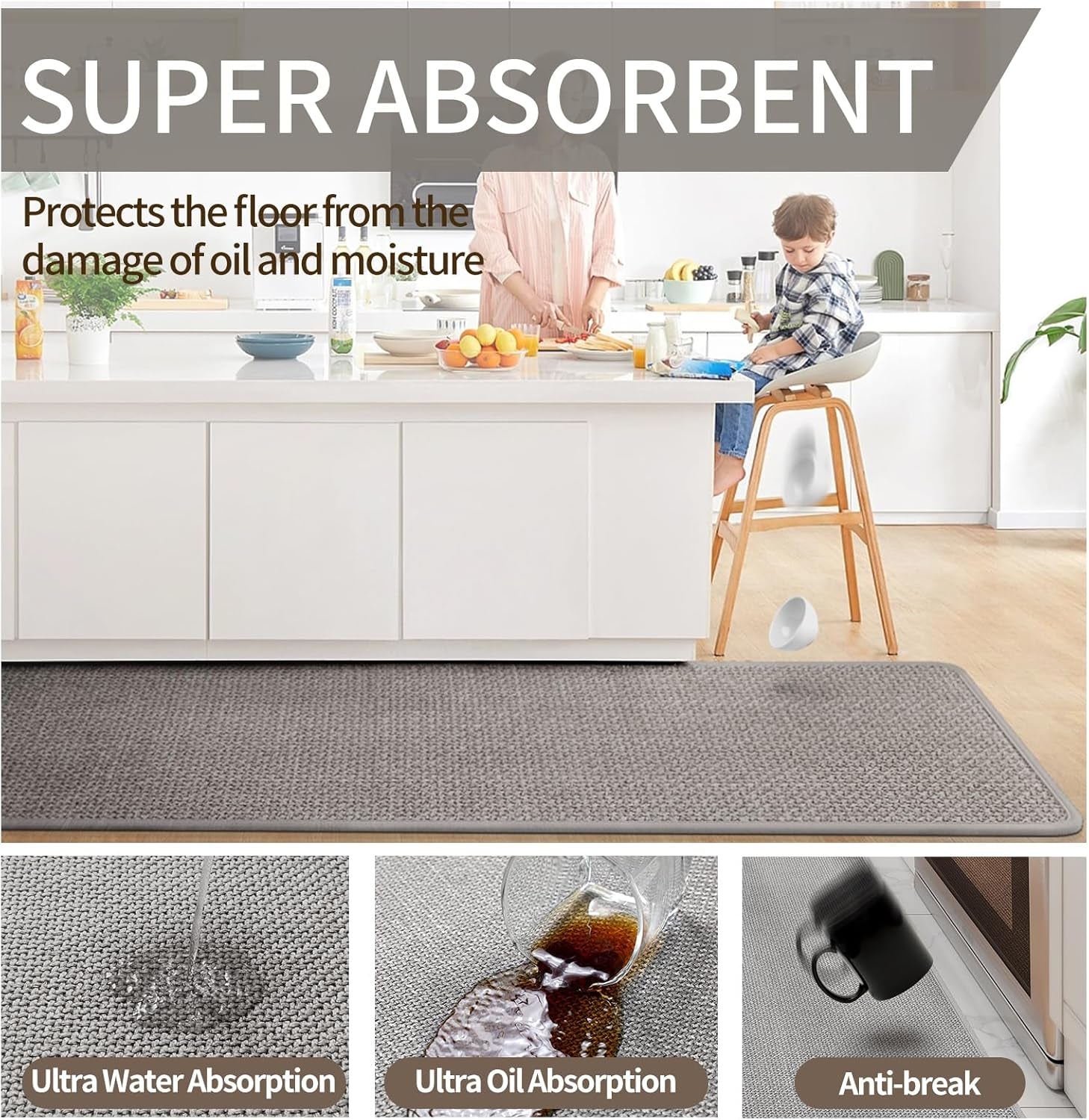 Kitchen Rugs Kitchen Mats for Floor Non Slip Washable Gray 17"X30"