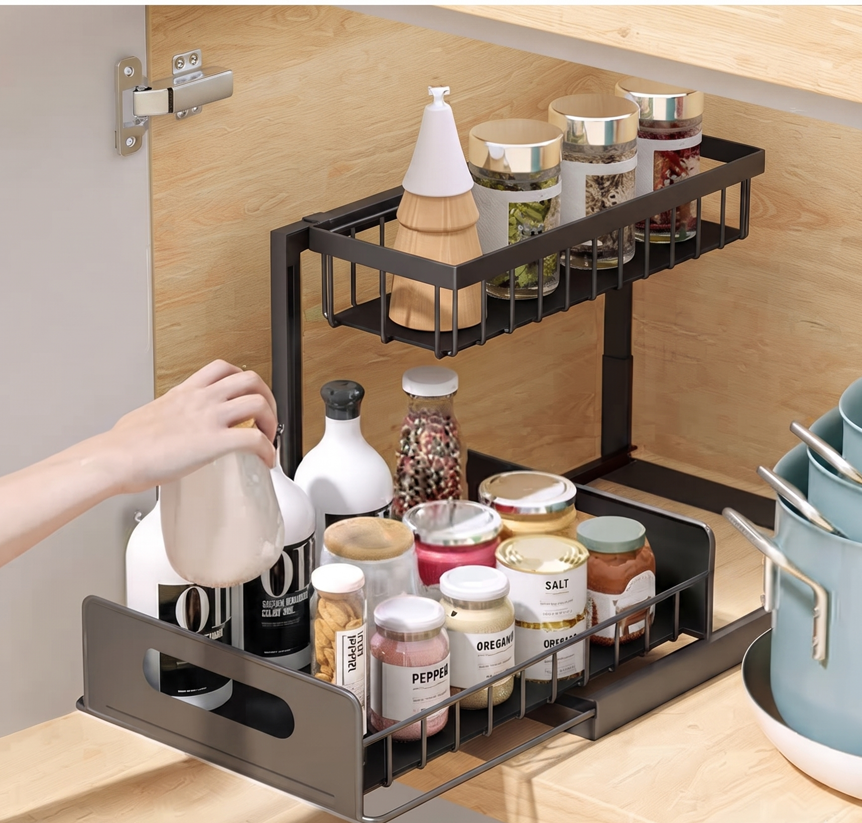 2-Tier Sink Organizer for Bathroom and Kitchen Under Sliding Cabinet Rack with Hooks Kitchen Accessories Storage Holders