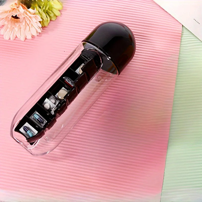 2 in 1 Pill Box with Sports Water Bottle 600M/20.3Oz Water Bottle with 7-Day Pill Storage Organizer Portable Travel Pill Case