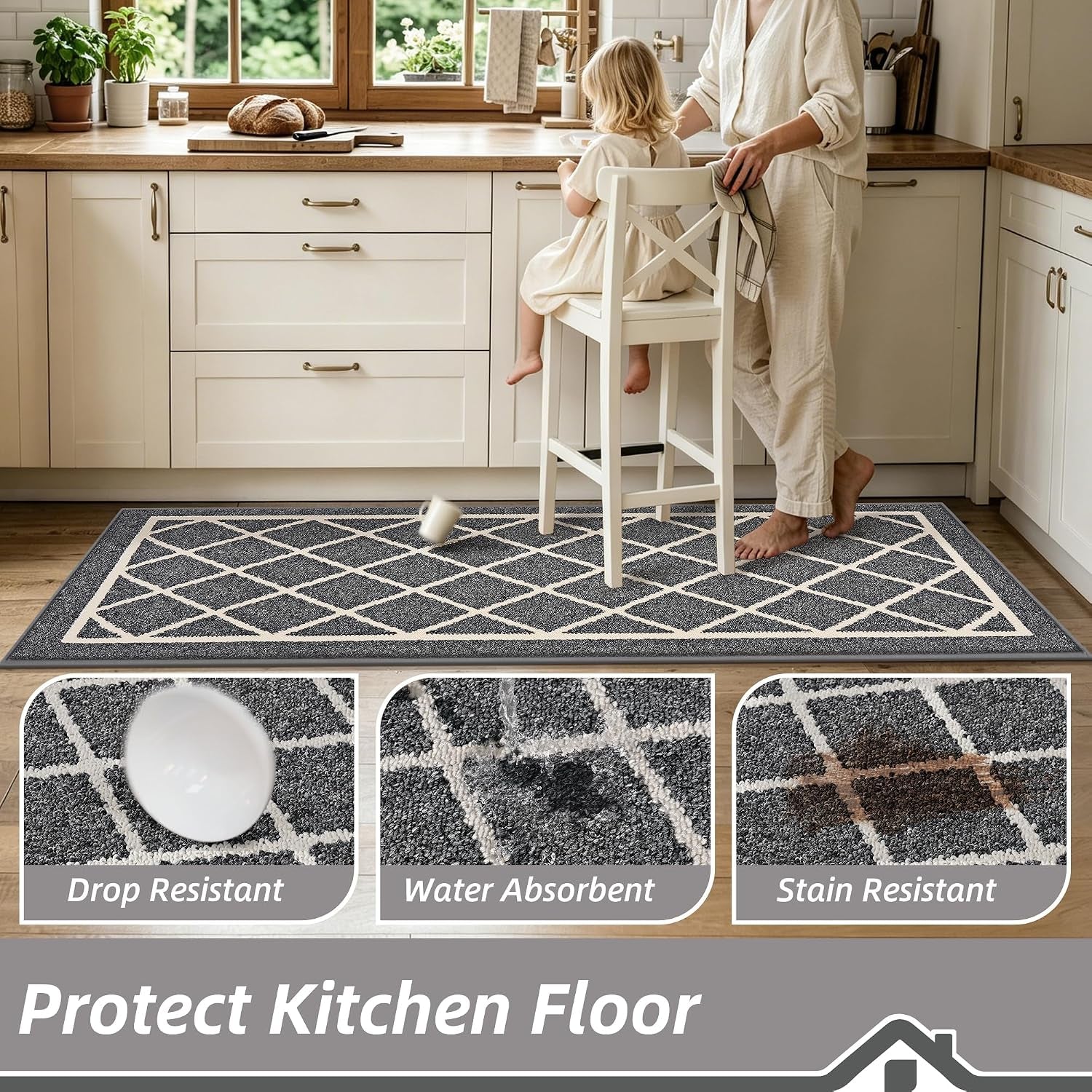 Kitchen Rugs Non Slip Washable Kitchen Mat, Grey, 32X48In