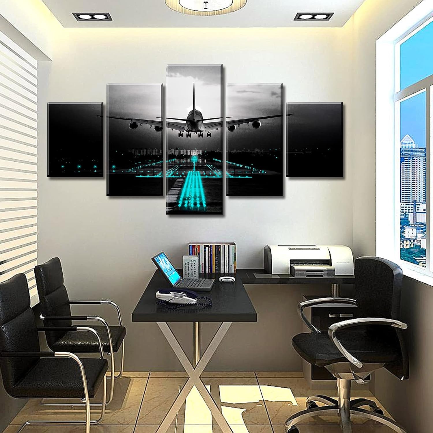 Vintage Airplane Canvas Wall Art, Black Teal Aviation Painting 60"X32"