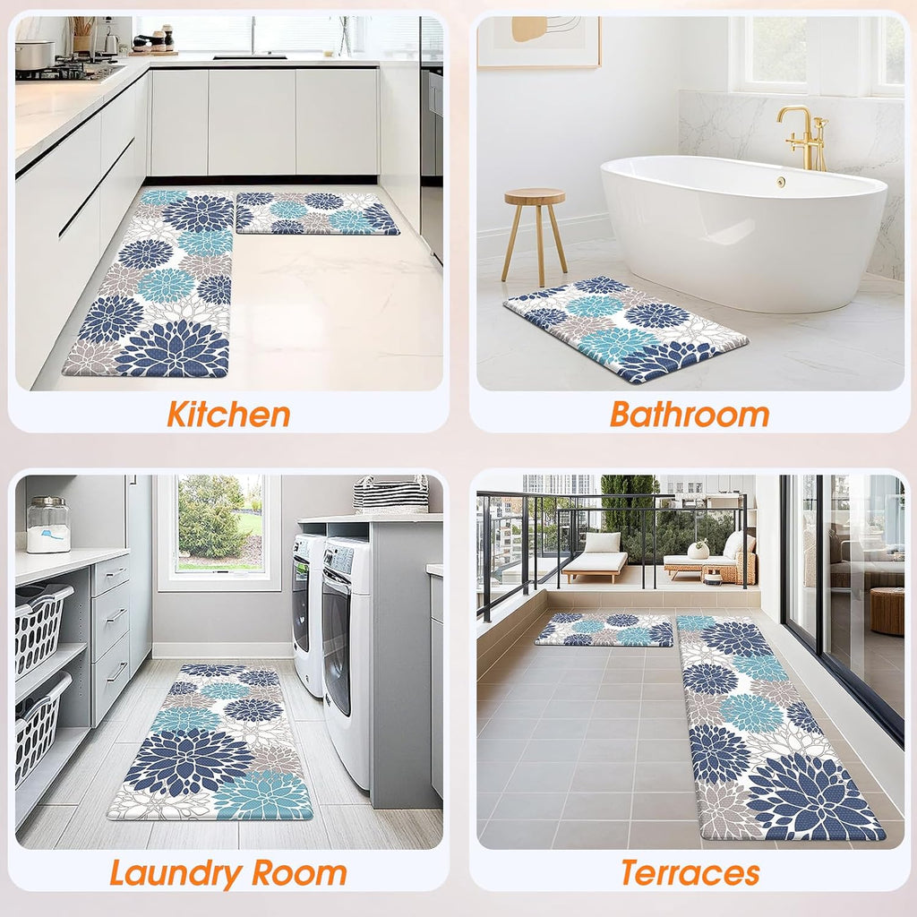 Cushioned Kitchen Floor Mats 2-Piece, White and Blue Floral