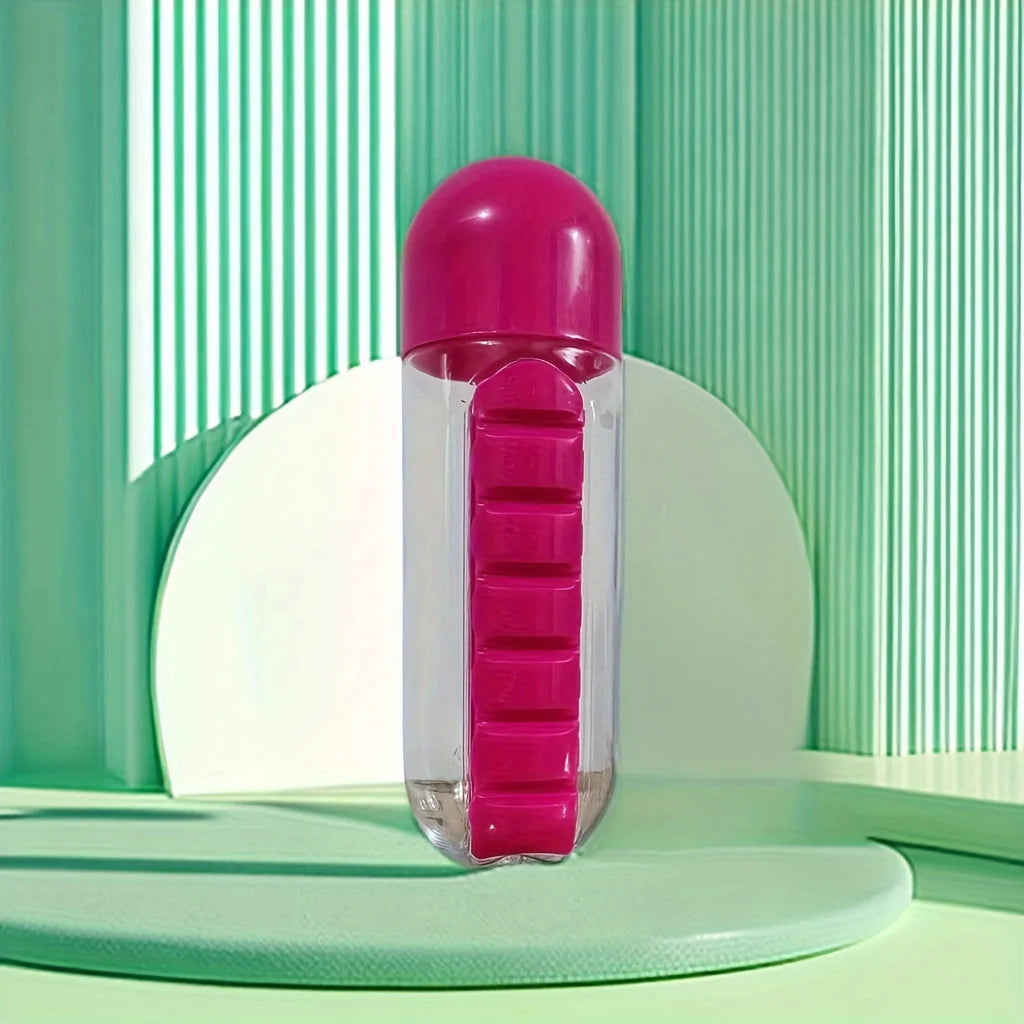 2 in 1 Pill Box with Sports Water Bottle 600M/20.3Oz Water Bottle with 7-Day Pill Storage Organizer Portable Travel Pill Case