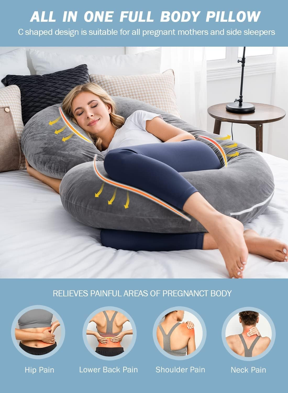 Pregnancy Pillow for Sleeping, Maternity Pillow with Jersey Cotton Cover,C Shaped Body Pillow for Pregnant (Gray)
