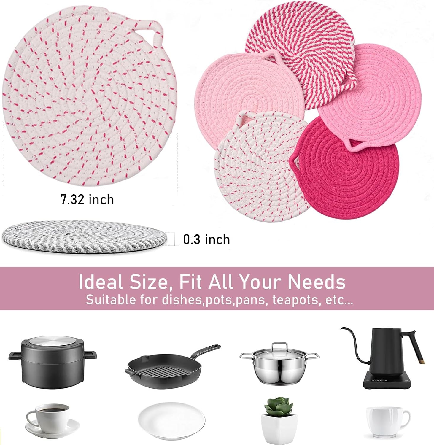 7.3" Pink Trivets for Hot Dishes,Pot Holders for Kitchen,Hot Pads for Kitchen,Kitchen Island Decor,Stylish Kitchen Decor,Kitchen Essentials & Accessories,Heat Resistant Mat