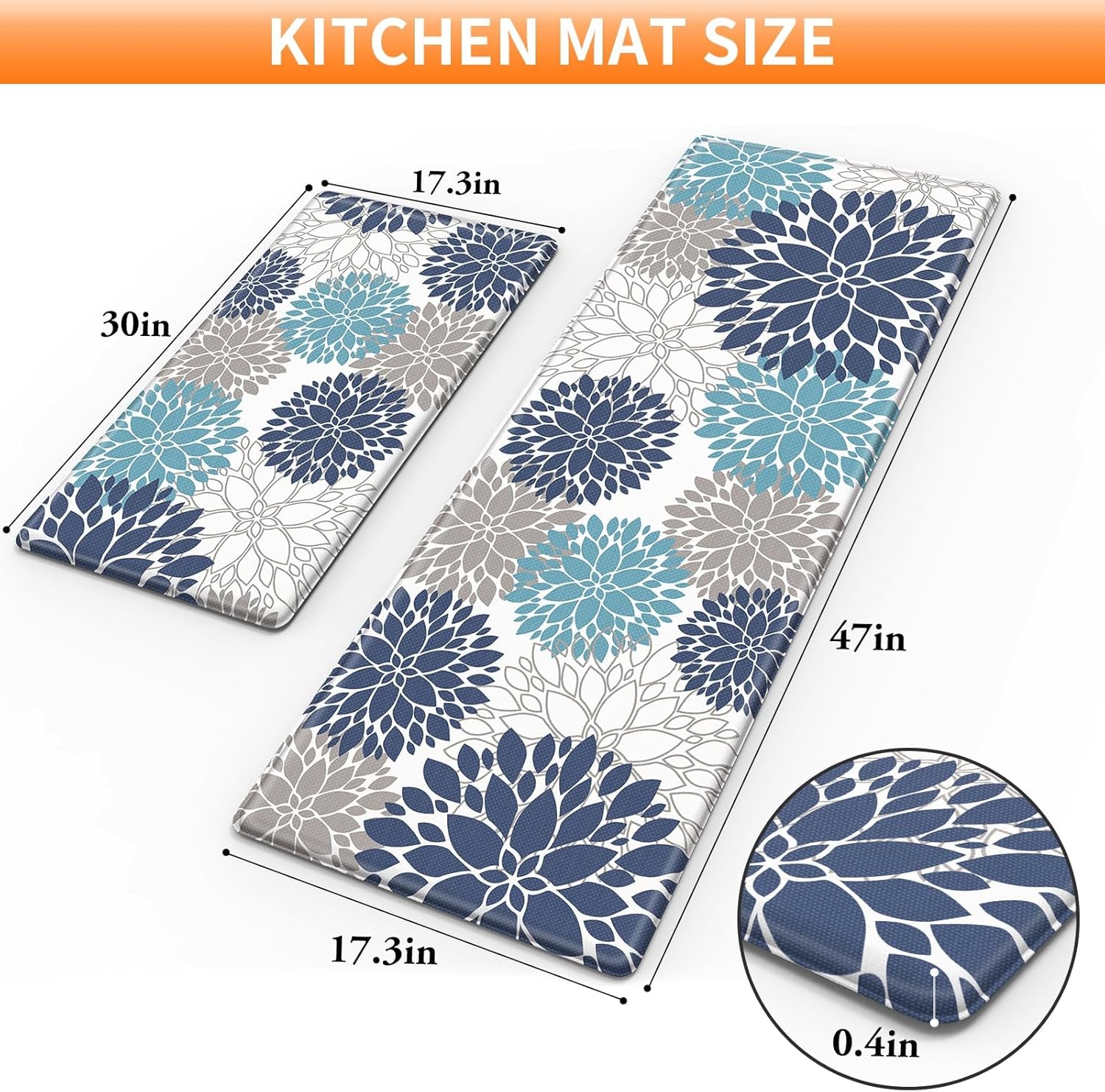 Cushioned Kitchen Floor Mats 2-Piece, White and Blue Floral
