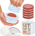 Hamburger Press Patty Maker - 4 In1, Burger Mold, Patty Press, 5 Storage Containers, 100 round Papers - Hamburger Patty Maker Tool for BBQ - Burger Shaper for Meat, Veggie Patties