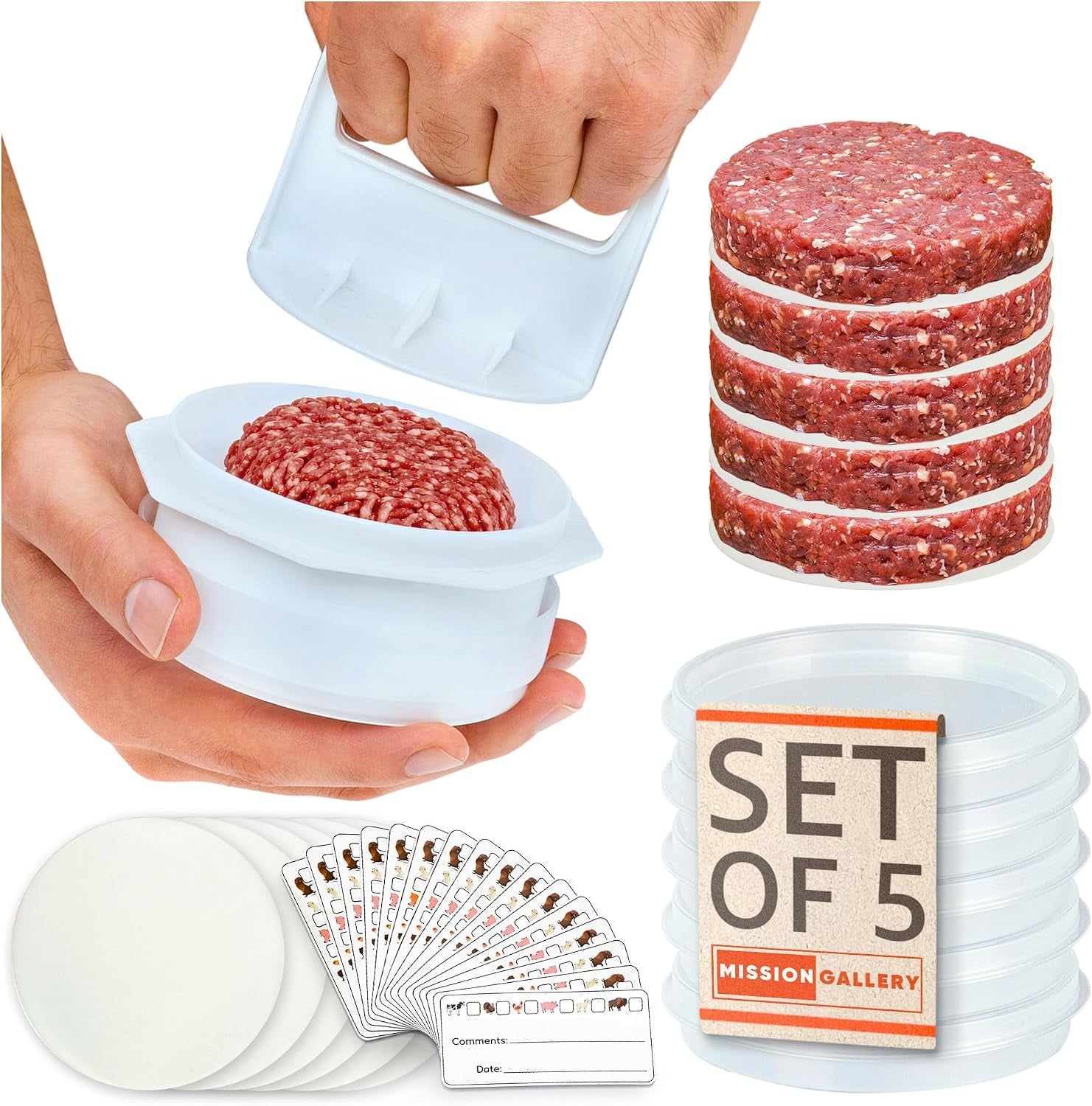 Hamburger Press Patty Maker - 4 In1, Burger Mold, Patty Press, 5 Storage Containers, 100 round Papers - Hamburger Patty Maker Tool for BBQ - Burger Shaper for Meat, Veggie Patties