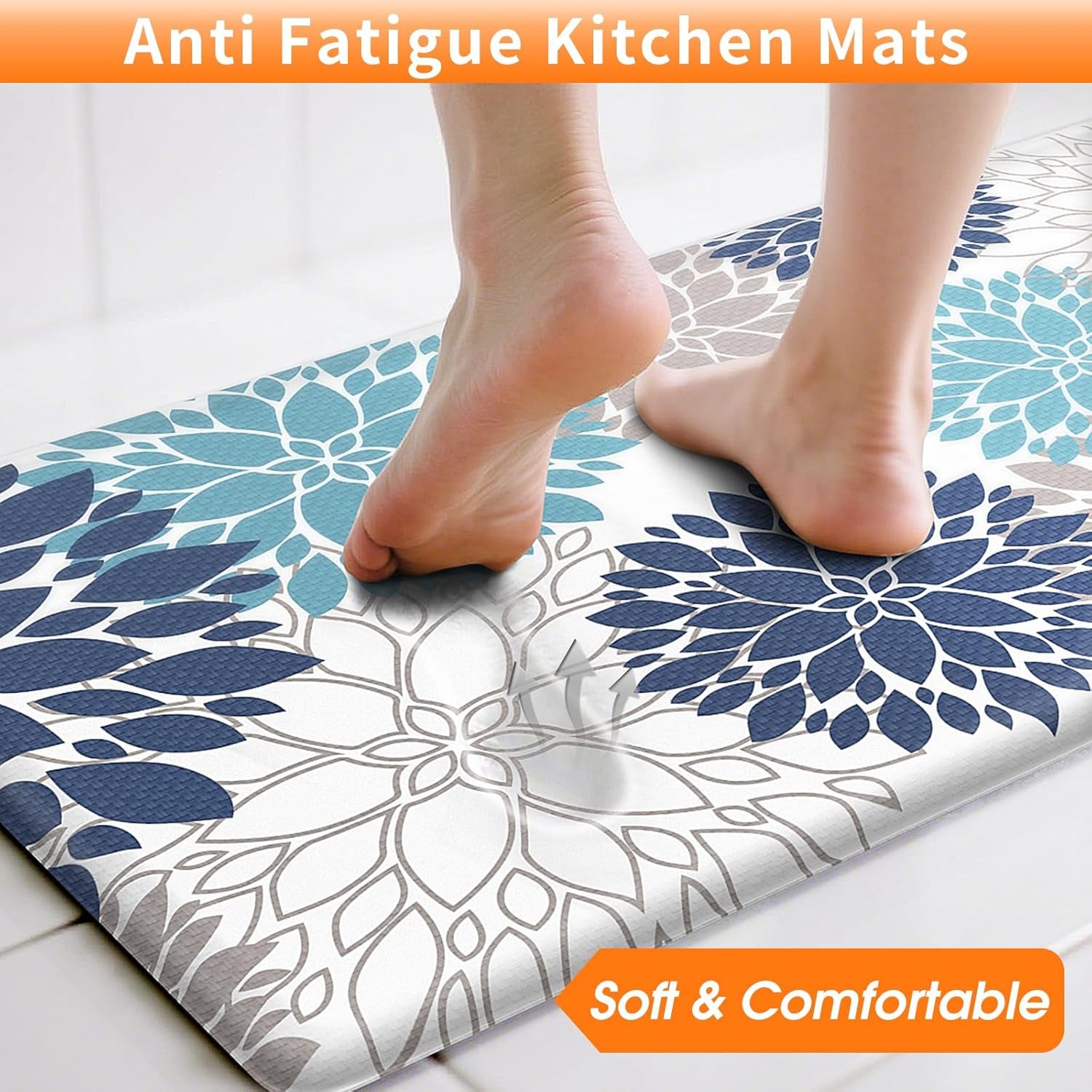 Cushioned Kitchen Floor Mats 2-Piece, White and Blue Floral