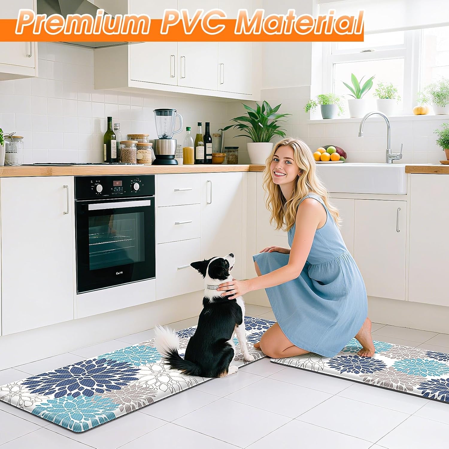 Cushioned Kitchen Floor Mats 2-Piece, White and Blue Floral
