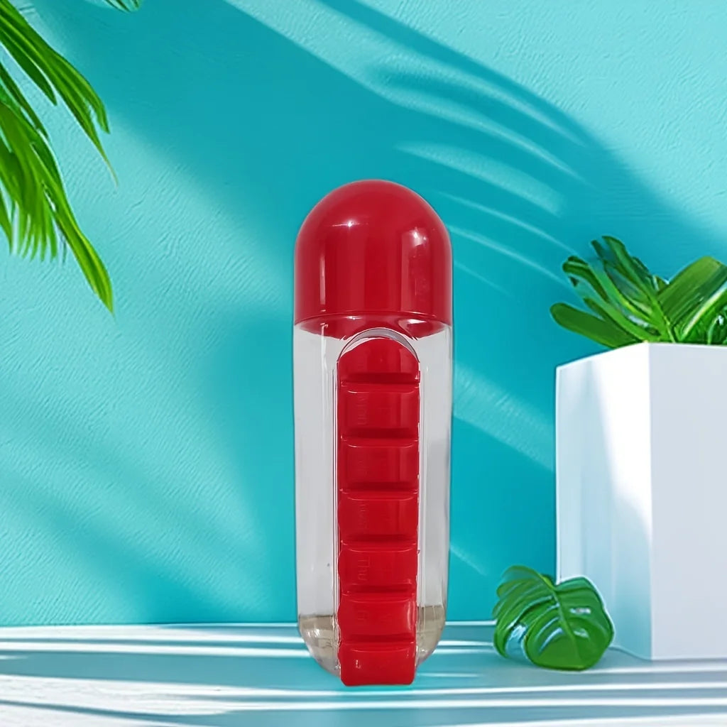 2 in 1 Pill Box with Sports Water Bottle 600M/20.3Oz Water Bottle with 7-Day Pill Storage Organizer Portable Travel Pill Case