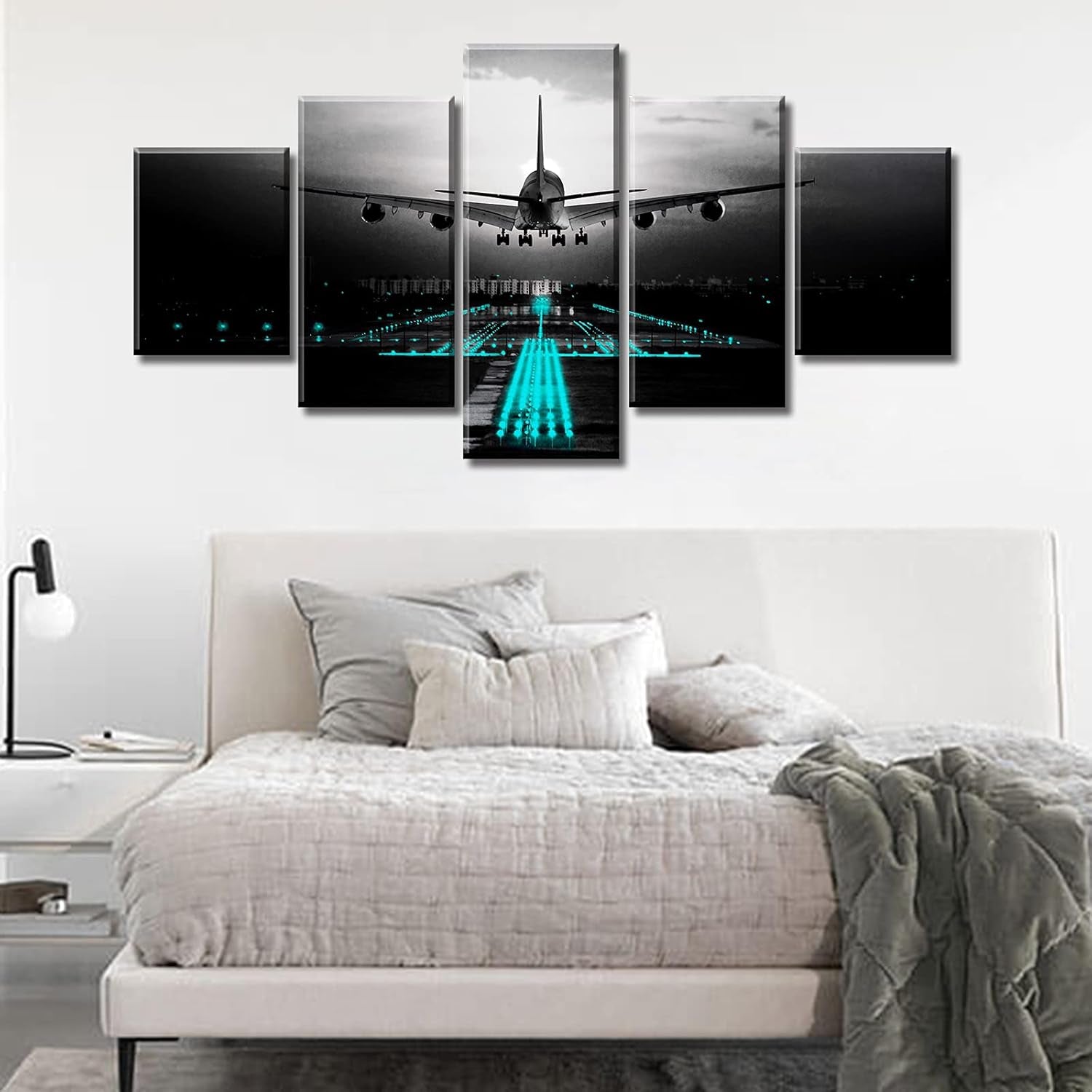 Vintage Airplane Canvas Wall Art, Black Teal Aviation Painting 60"X32"